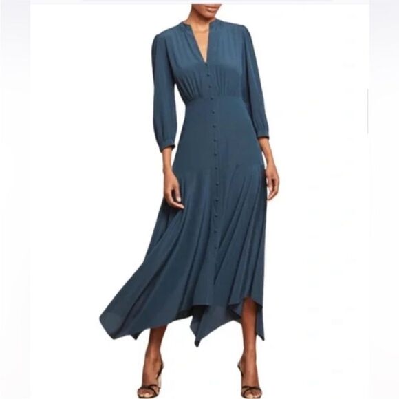 Veronica Beard Roksanda Petrol Blue Button-Front Silk-Blend Dress 2 NWT $650 - Picture 2 of 8